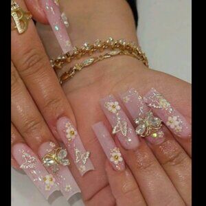 24pc 3D Butterfly & Flowers Long Square Nails